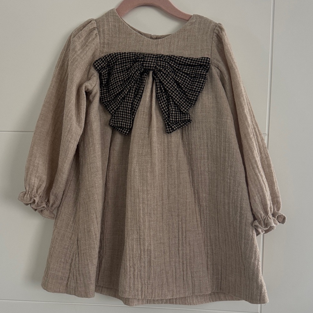 Zara Beige Toddler Dress with Black Gingham Bow